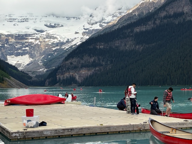 Red boats on a Banff lake